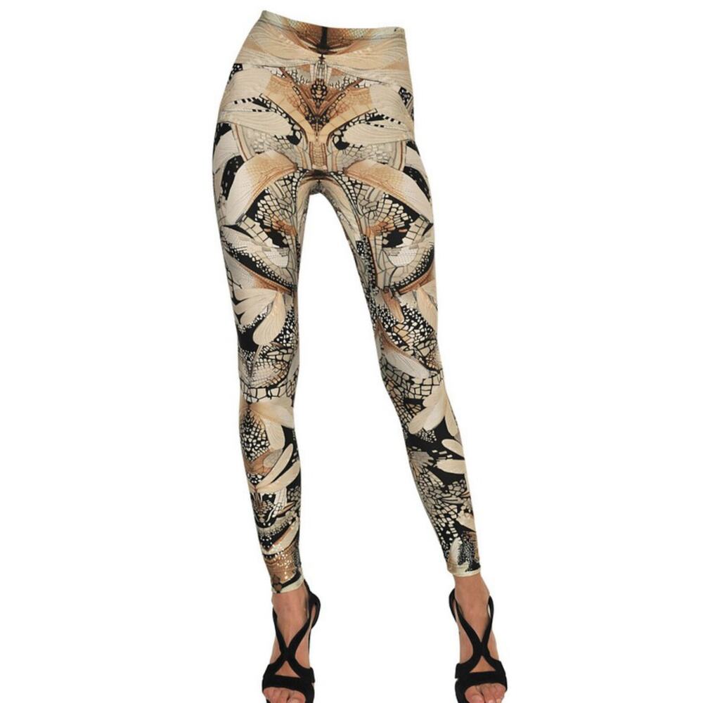 nwot ALEXANDER MCQUEEN Legging ITALY Iconic Dragon-Fly-Print Stretch Ivory-Brown